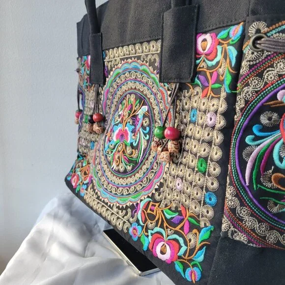 Floral Embroider Ethnic Ladies Large Tote/Shoulder Bag with Wooden Beading - Picture 2 of 12
